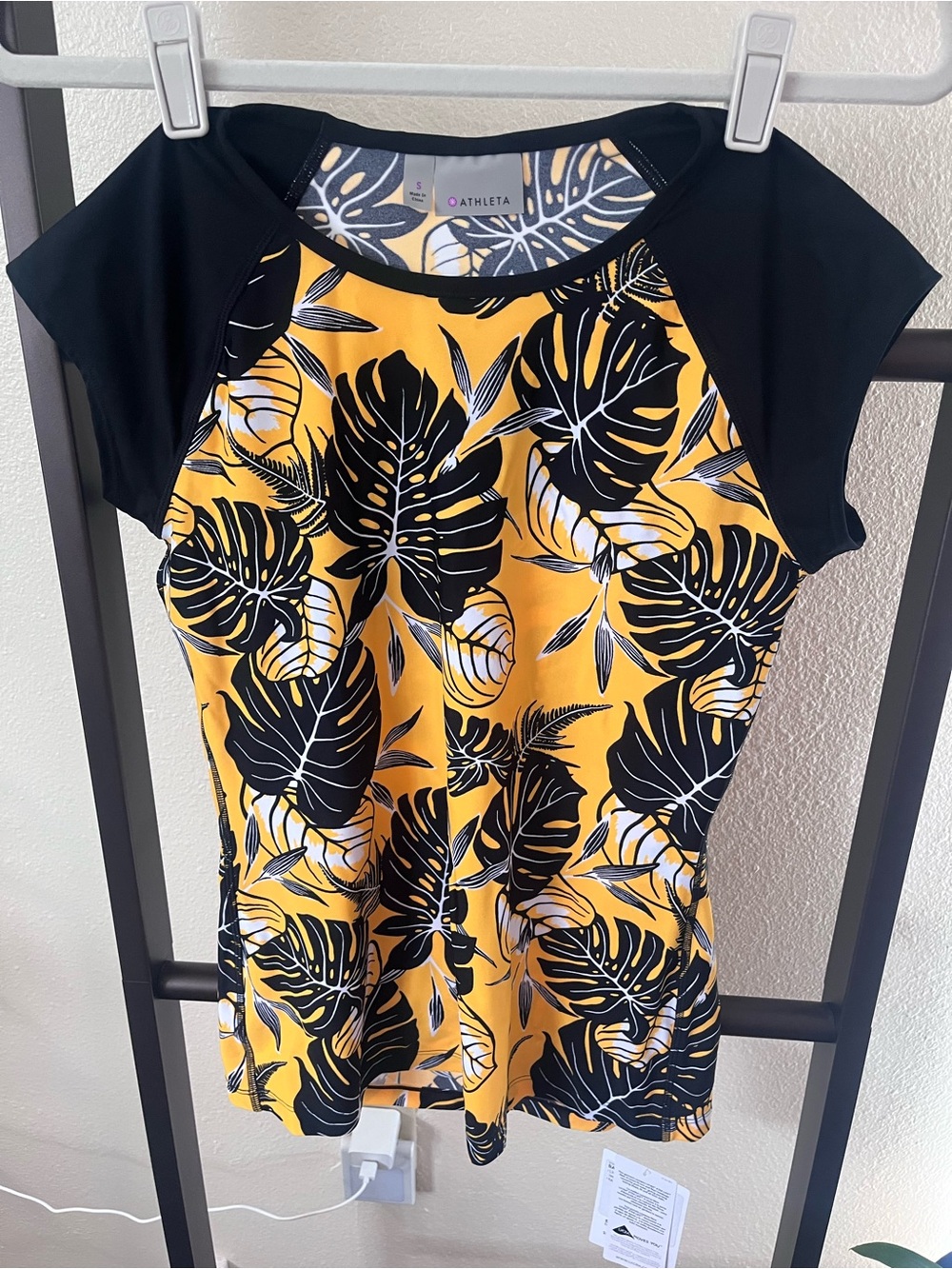 Athleta Yellow and Black Tropical One-Piece Swim Top